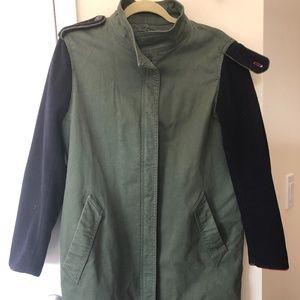 Green Utility Jacket with Navy Wool Sleeves.